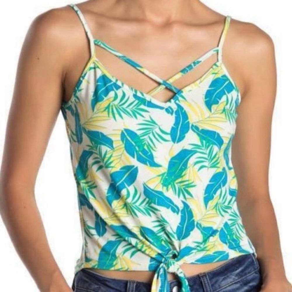 Poof Leafy Palm Print Tie Front Strappy Neckline‎ Tank Top Green Yellow Large